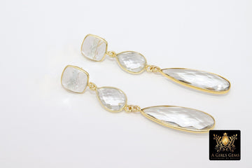 Clear Crystal Quartz Stud Earrings, Gold 925 Teardrop Gemstone, Long Clear Bridal Earrings - A Girls Gems